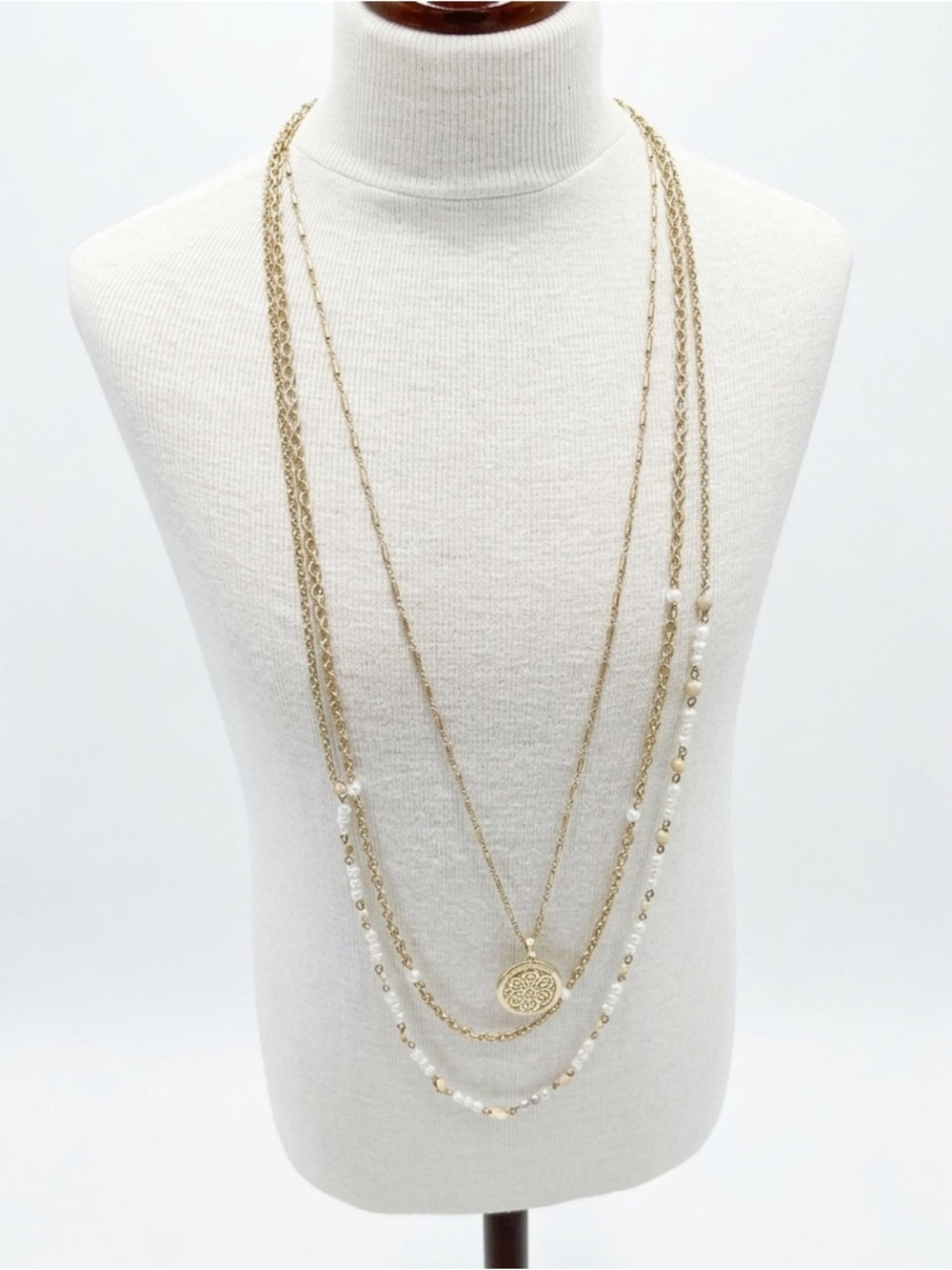 Vintage LIA SOPHIA Triple Strand Gold Tone Medallion Necklace